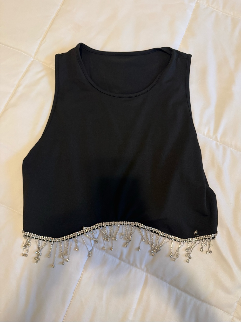 Black Beaded Fringe Cropped Tank Top